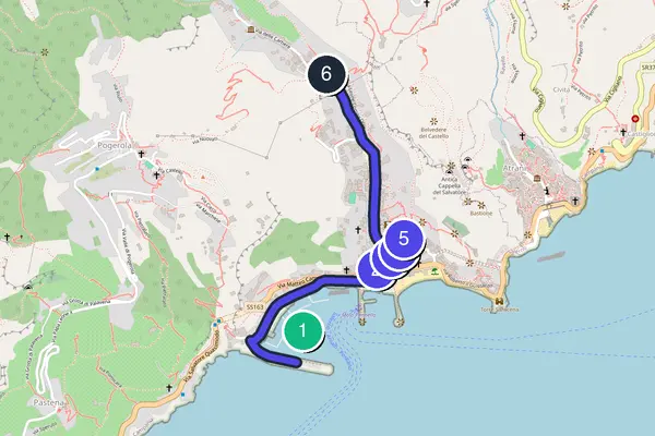 Karte der selbstgeführten Tour-Route durch Amalfi