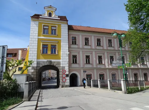 Hradecká Gate in Třeboň, stop 1 on the self-guided walking tour