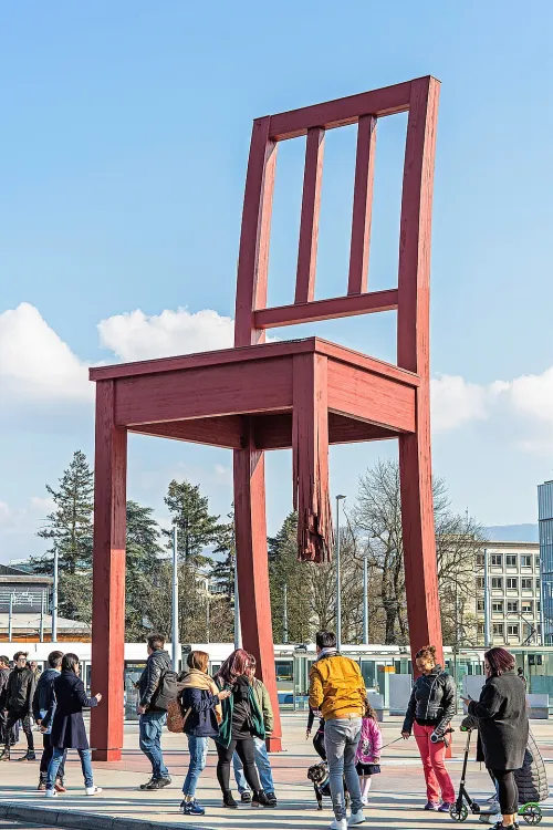 Broken Chair in Geneva, stop 12 on the self-guided walking tour