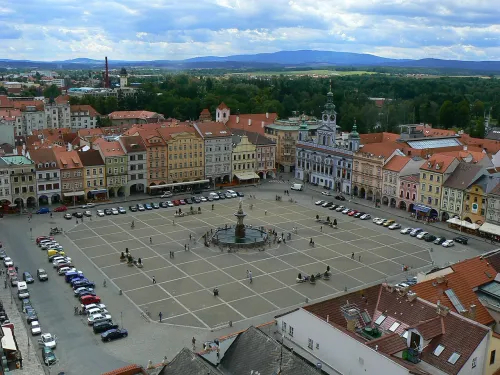 Přemysl Otakar II Square in České Budějovice, stop 1 on the self-guided walking tour