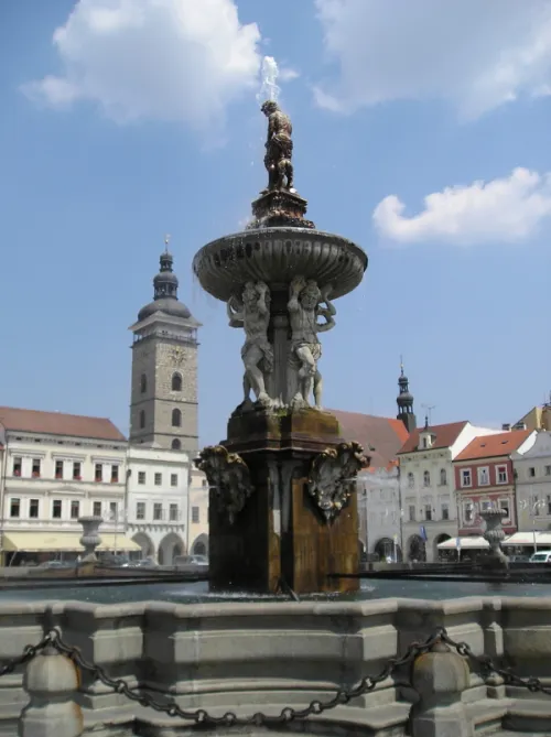 Samson Fountain in České Budějovice, stop 5 on the self-guided walking tour