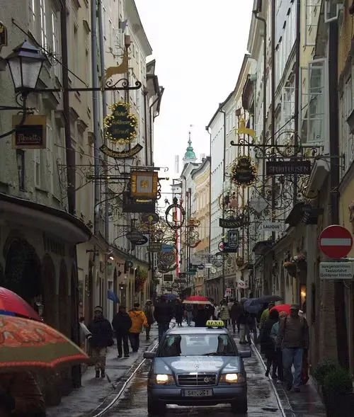 Getreidegasse in Salzburg, stop 9 on the self-guided walking tour