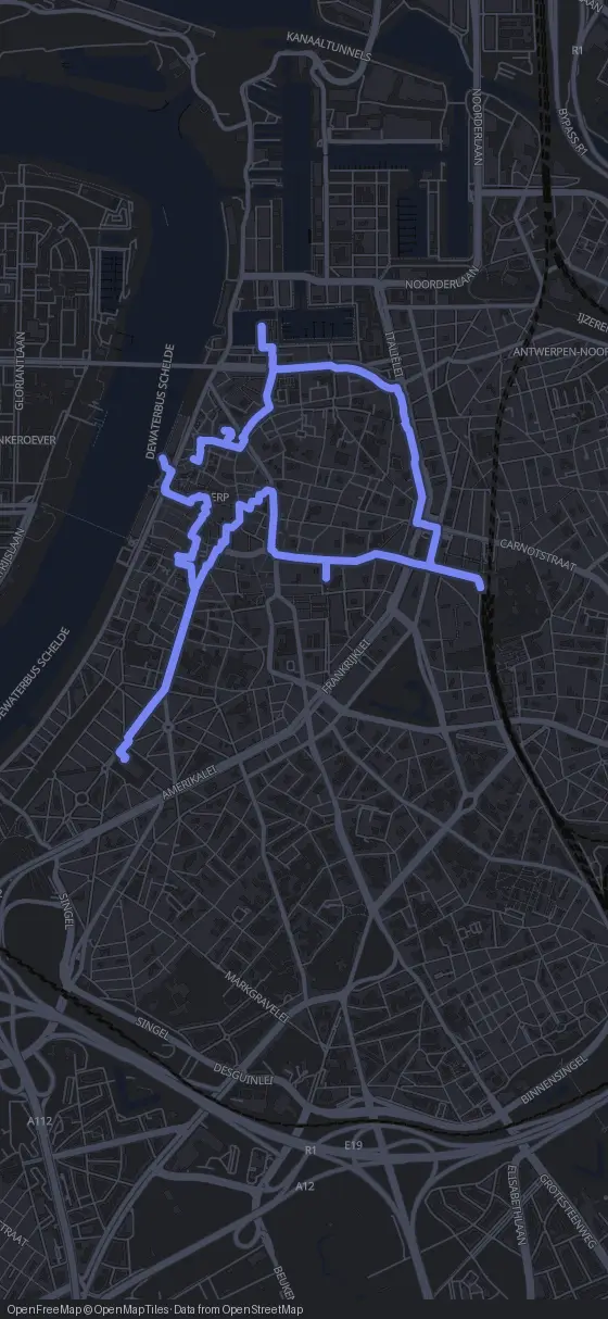 Route map for the Antwerp walking tour