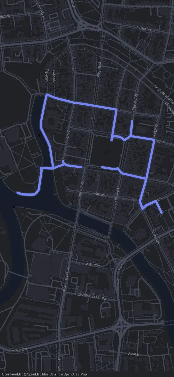 Route map for the České Budějovice walking tour