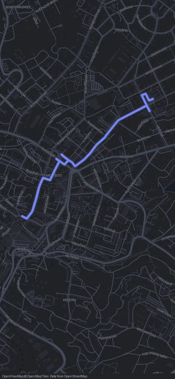Route map for the Liberec walking tour