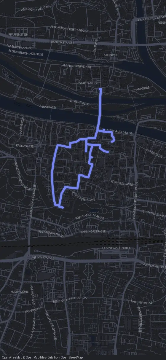 Route map for the Regensburg walking tour