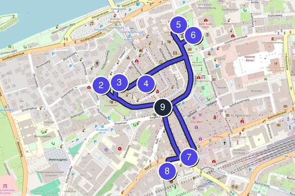 Walking tour route map of Aarau