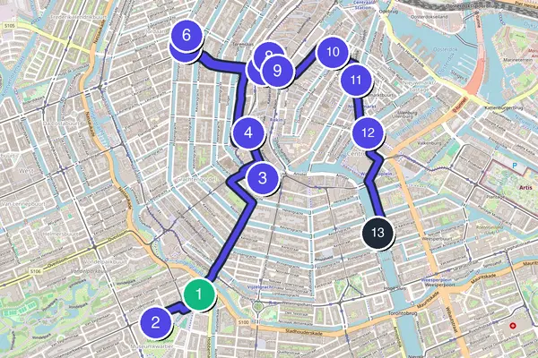 Routenkarte des Stadtrundgangs durch Amsterdam