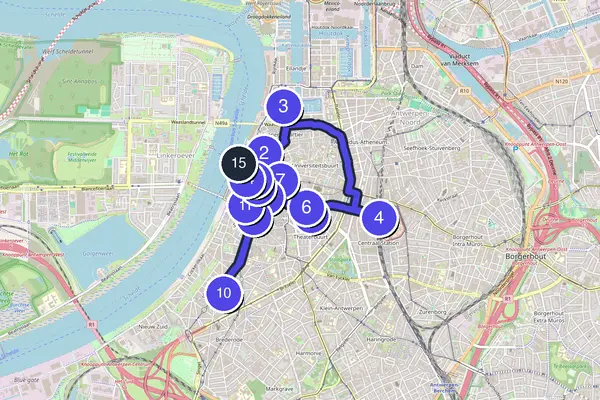 Walking tour route map of Antwerp