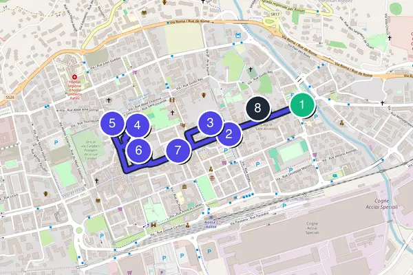 Walking tour route map of Aosta