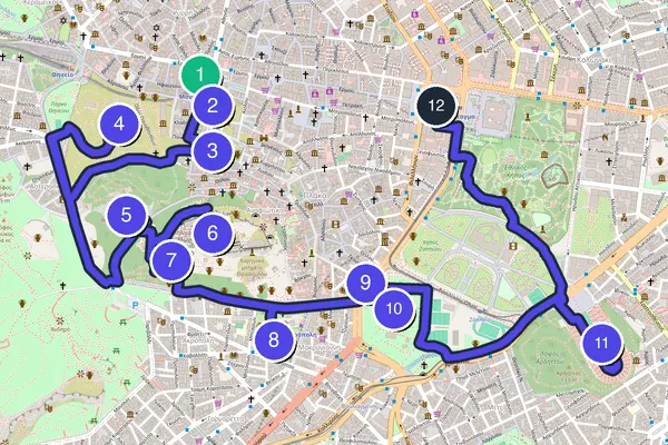 Walking tour route map of Athens
