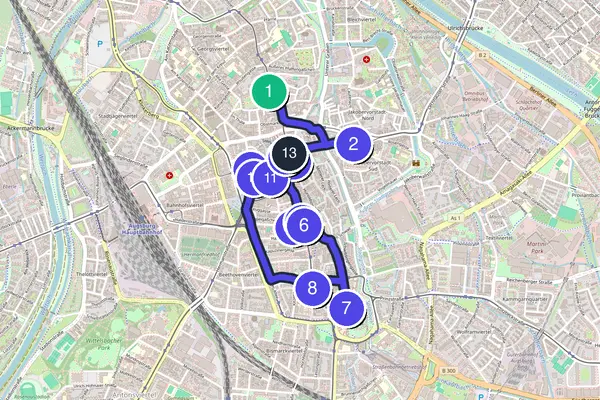Walking tour route map of Augsburg