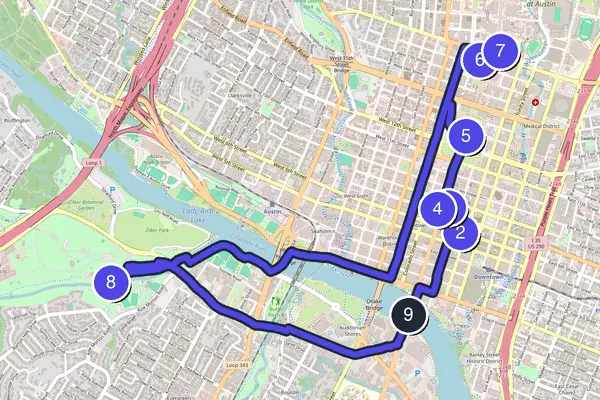 Routenkarte des Stadtrundgangs durch Austin