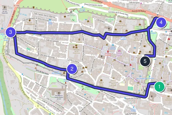 Routenkarte des Stadtrundgangs durch Ávila