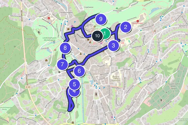 Routenkarte des Stadtrundgangs durch Baden-Baden