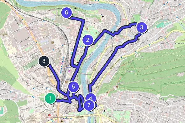 Routenkarte des Stadtrundgangs durch Baden