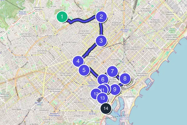 Routenkarte des Stadtrundgangs durch Barcelona