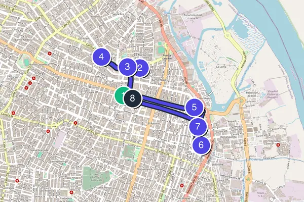Walking tour route map of Barranquilla