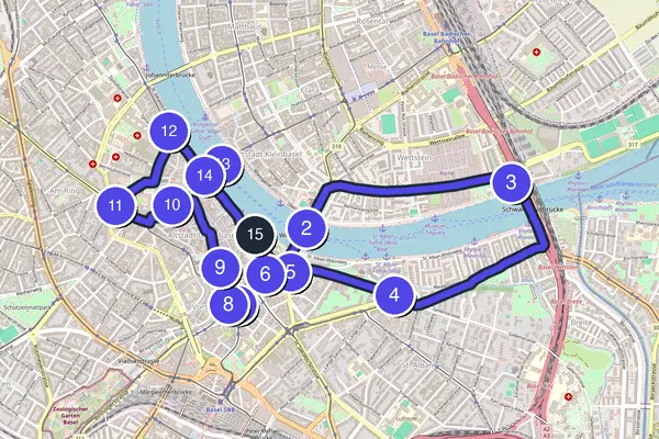 Walking tour route map of Basel