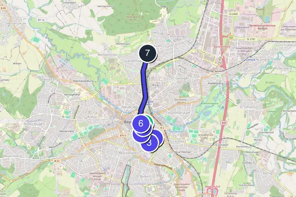 Walking tour route map of Bayreuth