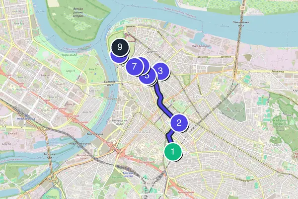 Walking tour route map of Belgrade