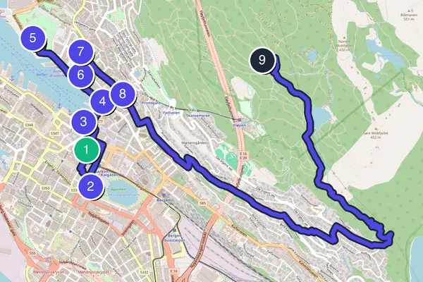 Walking tour route map of Bergen