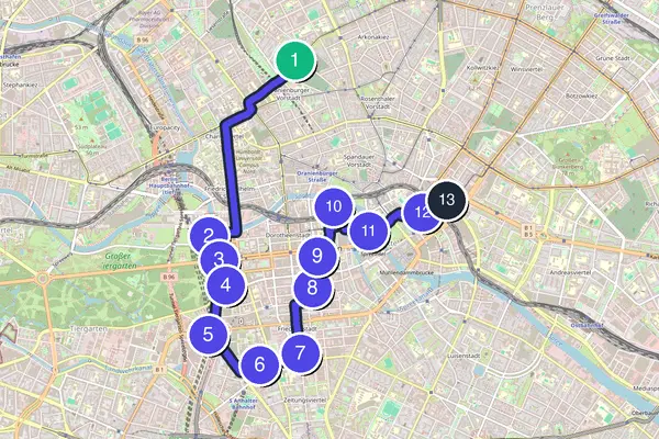 Walking tour route map of Berlin