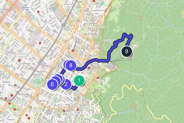Walking tour route map of Bogotá