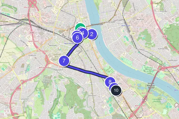 Walking tour route map of Bonn