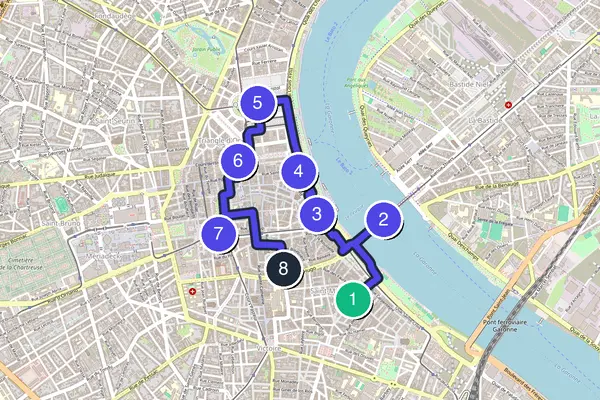 Routenkarte des Stadtrundgangs durch Bordeaux