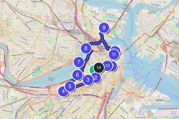 Walking tour route map of Boston