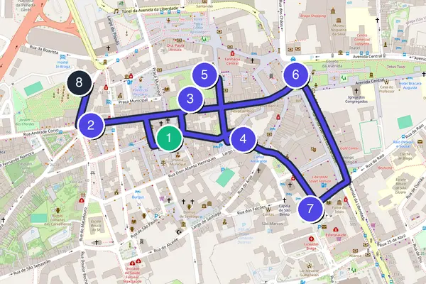 Walking tour route map of Braga
