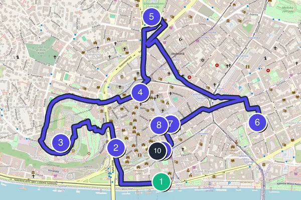 Walking tour route map of Bratislava