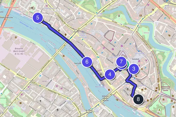Walking tour route map of Bremen