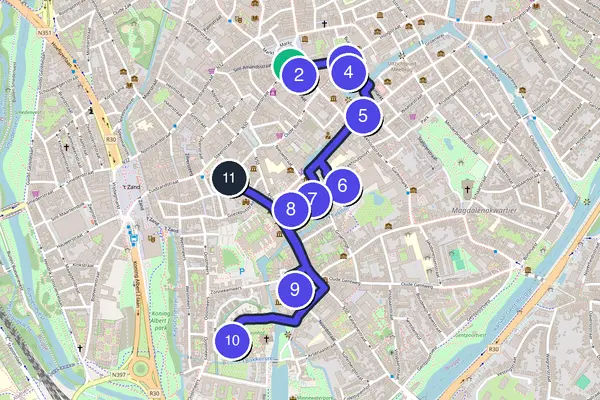 Routenkarte des Stadtrundgangs durch Brügge