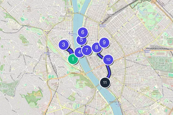 Routenkarte des Stadtrundgangs durch Budapest