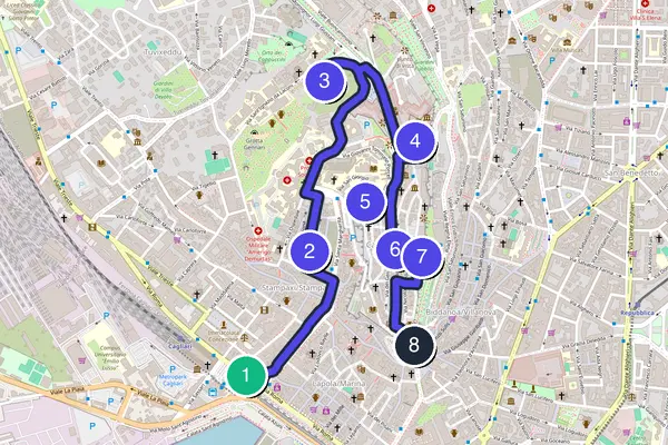 Routenkarte des Stadtrundgangs durch Cagliari
