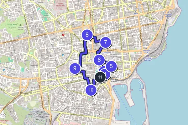 Routenkarte des Stadtrundgangs durch Catania