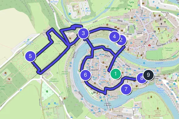 Routenkarte des Stadtrundgangs durch Český Krumlov