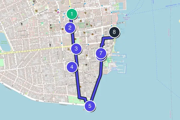 Routenkarte des Stadtrundgangs durch Charleston