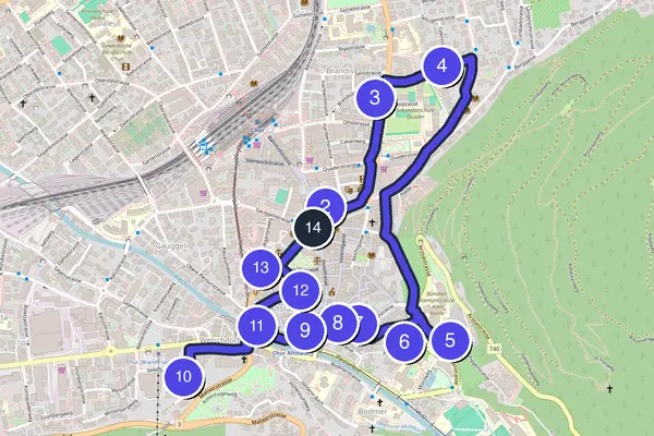 Walking tour route map of Chur