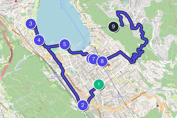 Routenkarte des Stadtrundgangs durch Como