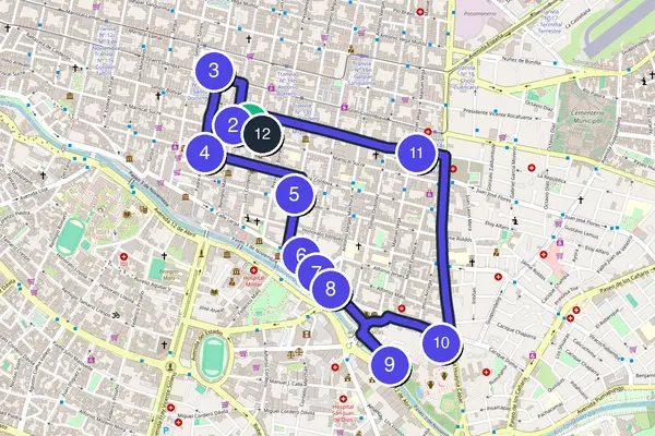 Walking tour route map of Cuenca, Ecuador