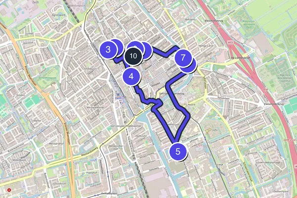 Routenkarte des Stadtrundgangs durch Delft