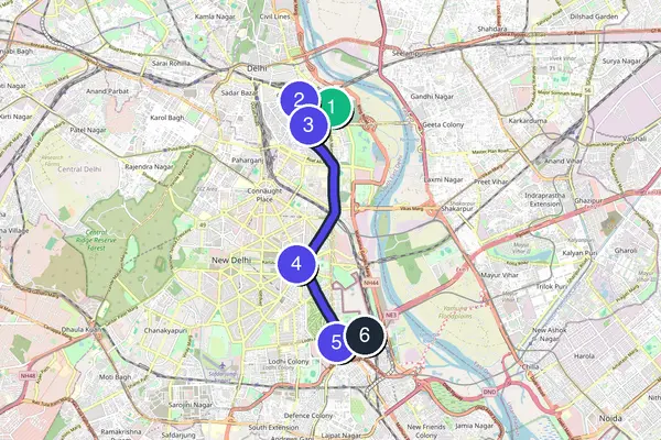 Routenkarte des Stadtrundgangs durch Delhi