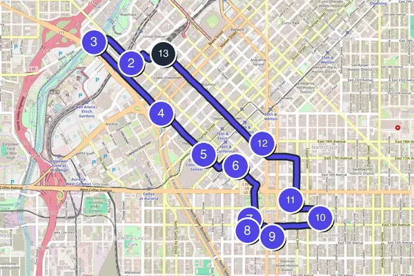Routenkarte des Stadtrundgangs durch Denver