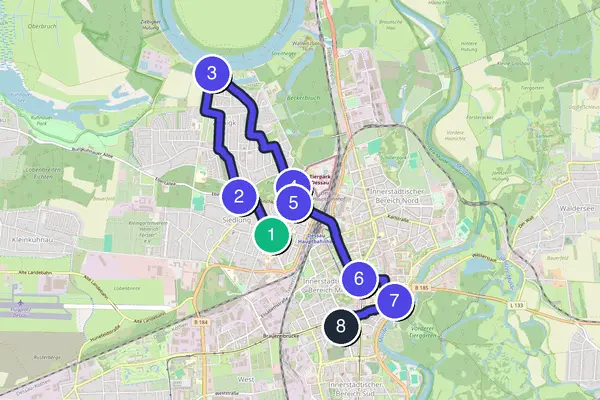 Routenkarte des Stadtrundgangs durch Dessau