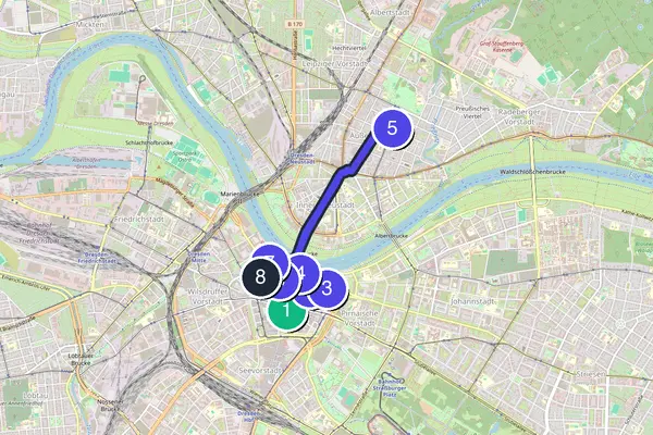 Routenkarte des Stadtrundgangs durch Dresden
