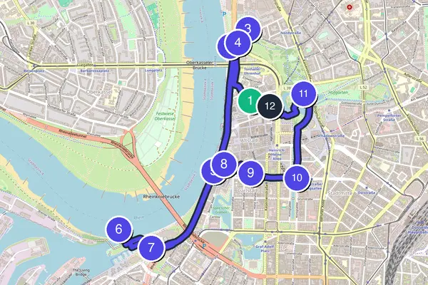 Walking tour route map of Düsseldorf