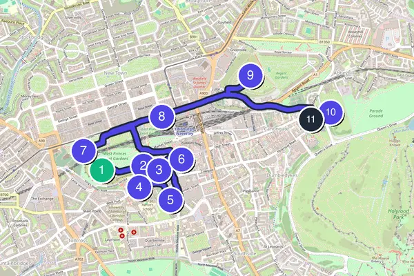 Routenkarte des Stadtrundgangs durch Edinburgh